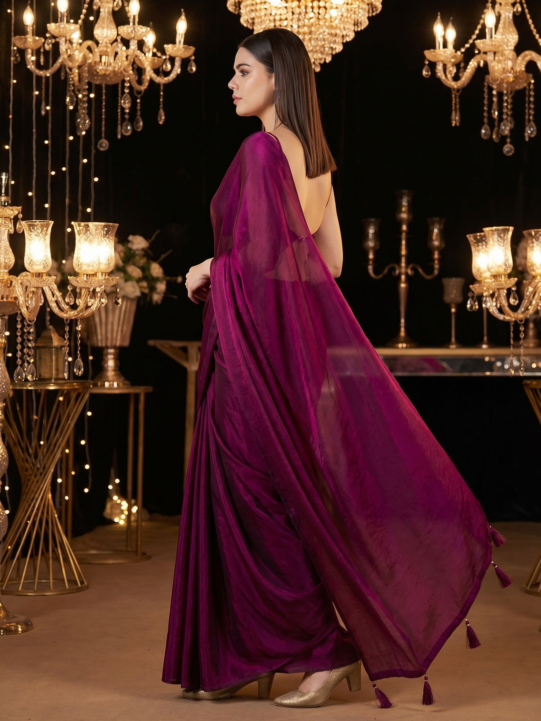 Elegant Magenta Solid Silk Blend Saree Crafted for Glamorous Party Wear - Image 4