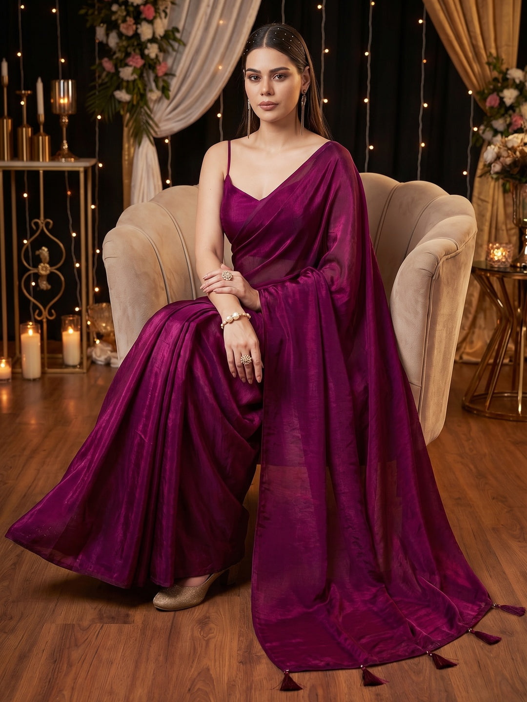 Elegant Magenta Solid Silk Blend Saree Crafted for Glamorous Party Wear - Image 2