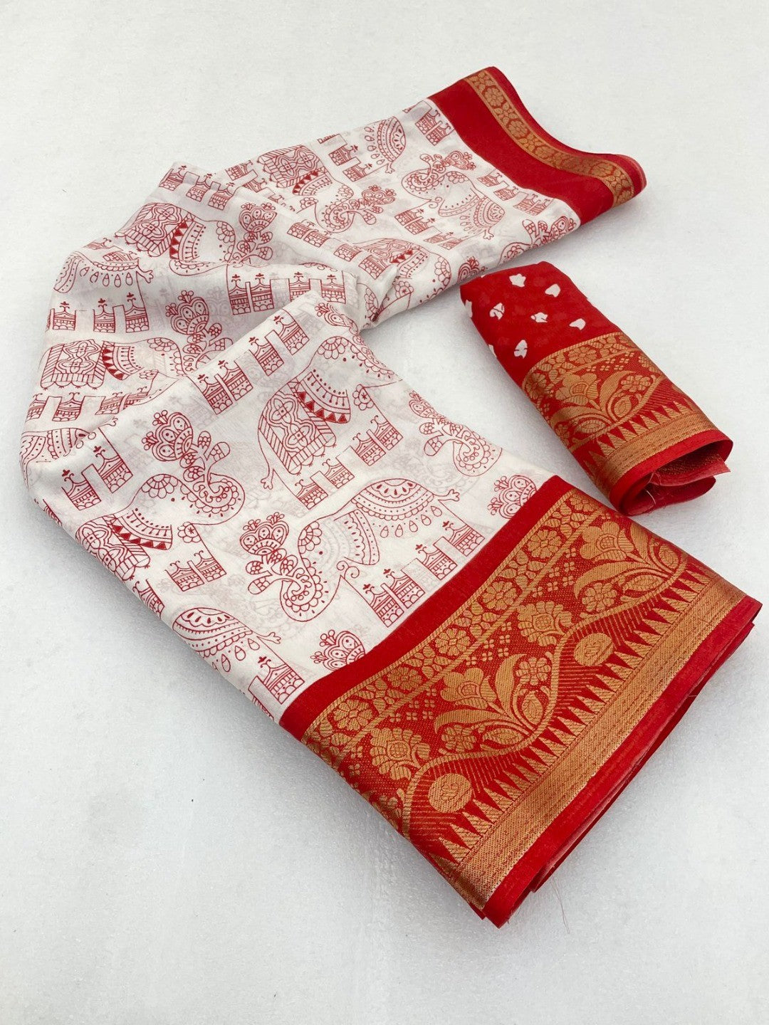 White Dola Silk Saree with Red Border Lightweight Festive Outfit - Image 3