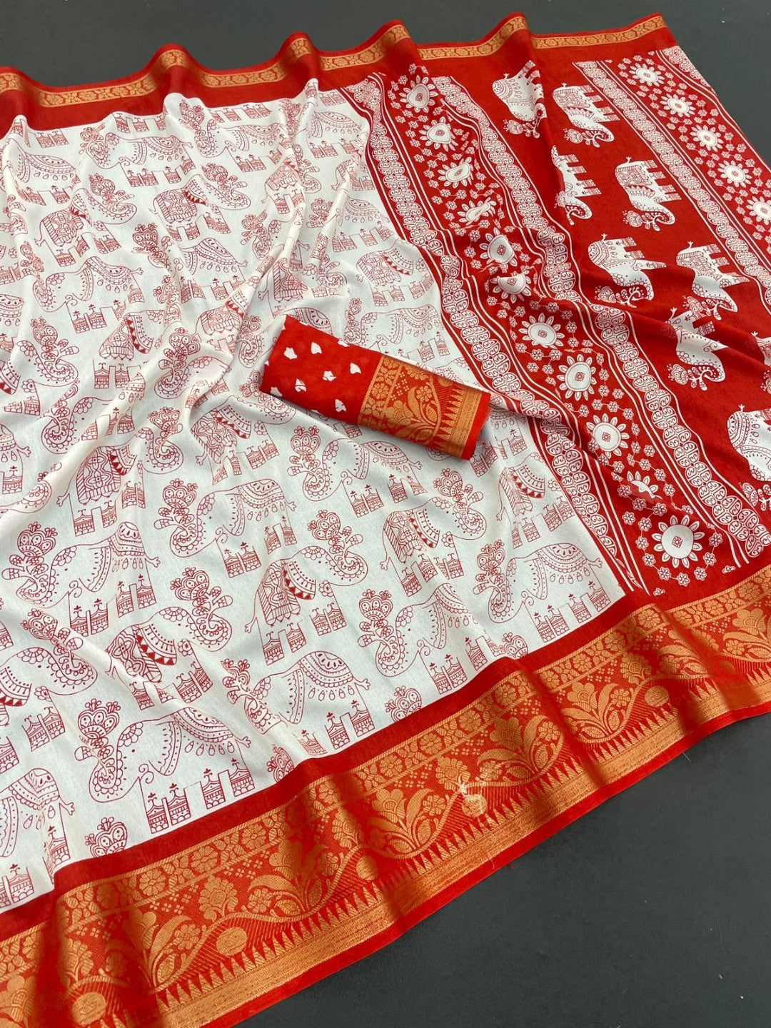 White Dola Silk Saree with Red Border Lightweight Festive Outfit - Image 2