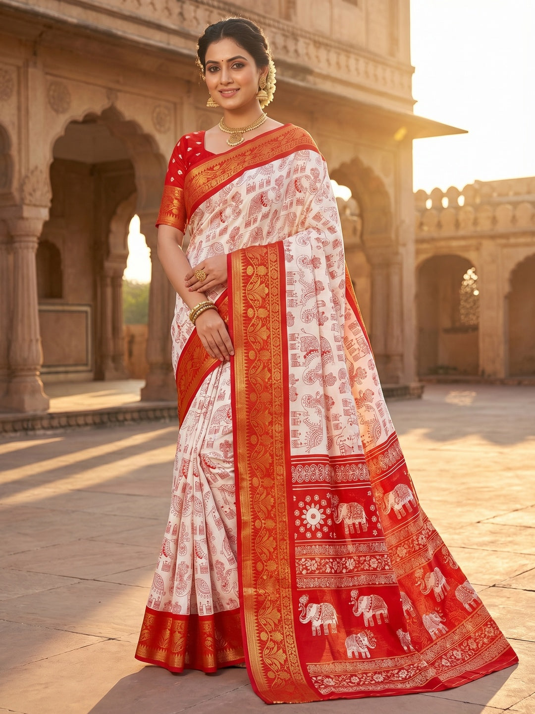 White Dola Silk Saree with Red Border Lightweight Festive Outfit - Image 1