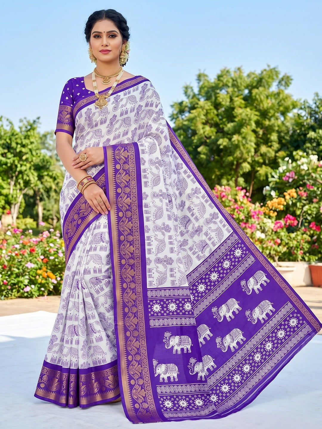 White Dola Silk Saree with Purple Border Lightweight Festive Outfit - Image 1