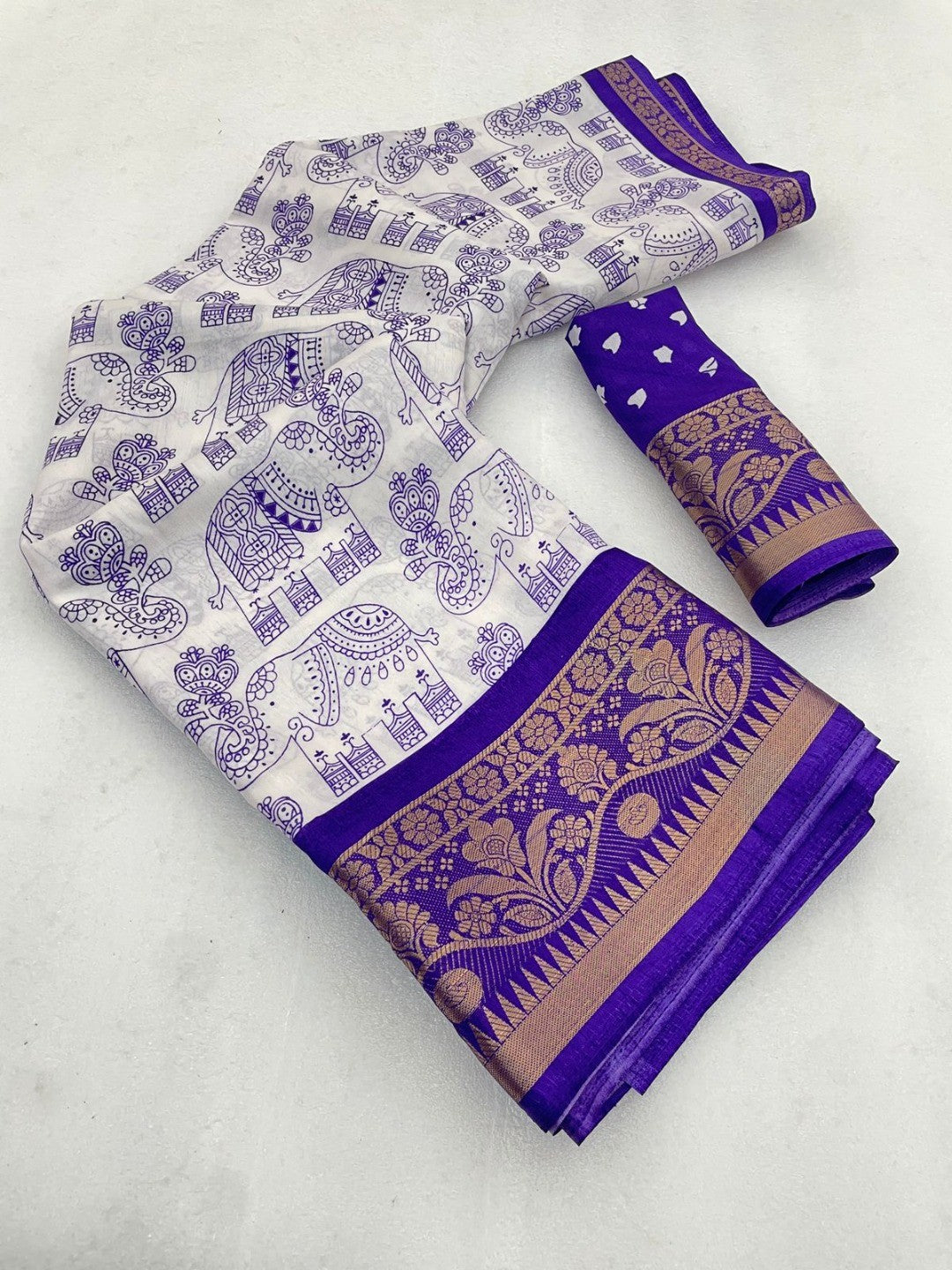 White Dola Silk Saree with Purple Border Lightweight Festive Outfit - Image 3
