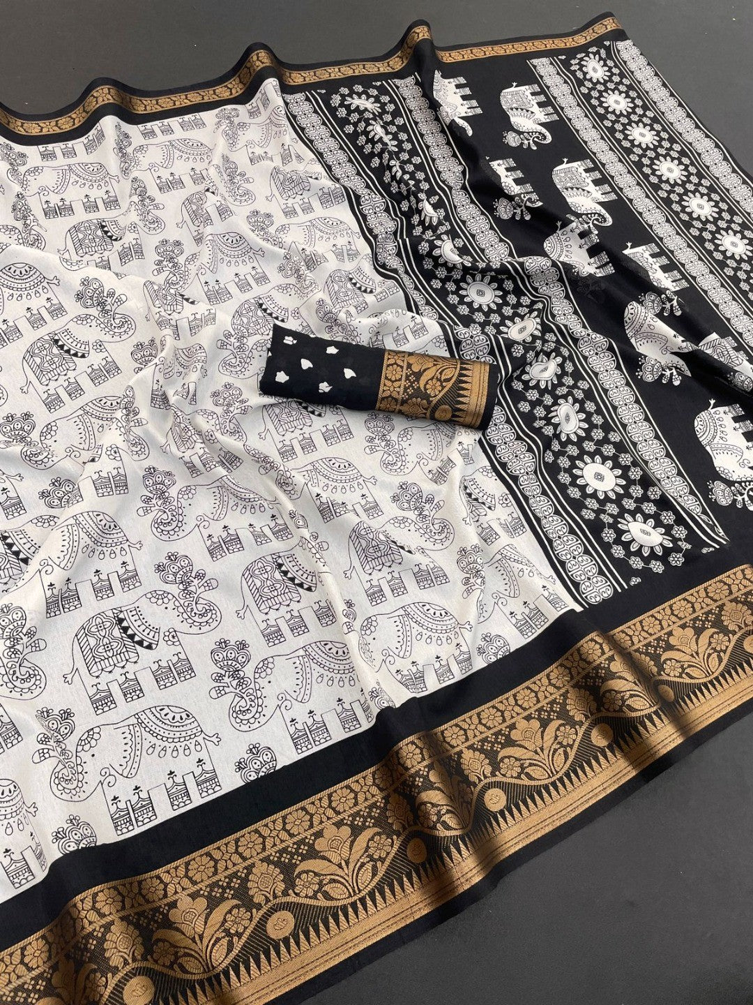 White Dola Silk Saree with Black Border Lightweight Festive Outfit - Image 5