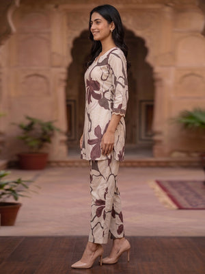 Beige and Purple Floral Printed Pure Cotton Top Bottom Set Elegant Look - Image 2
