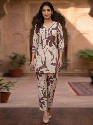 Beige and Purple Floral Printed Pure Cotton Top Bottom Set Elegant Look - Image 1