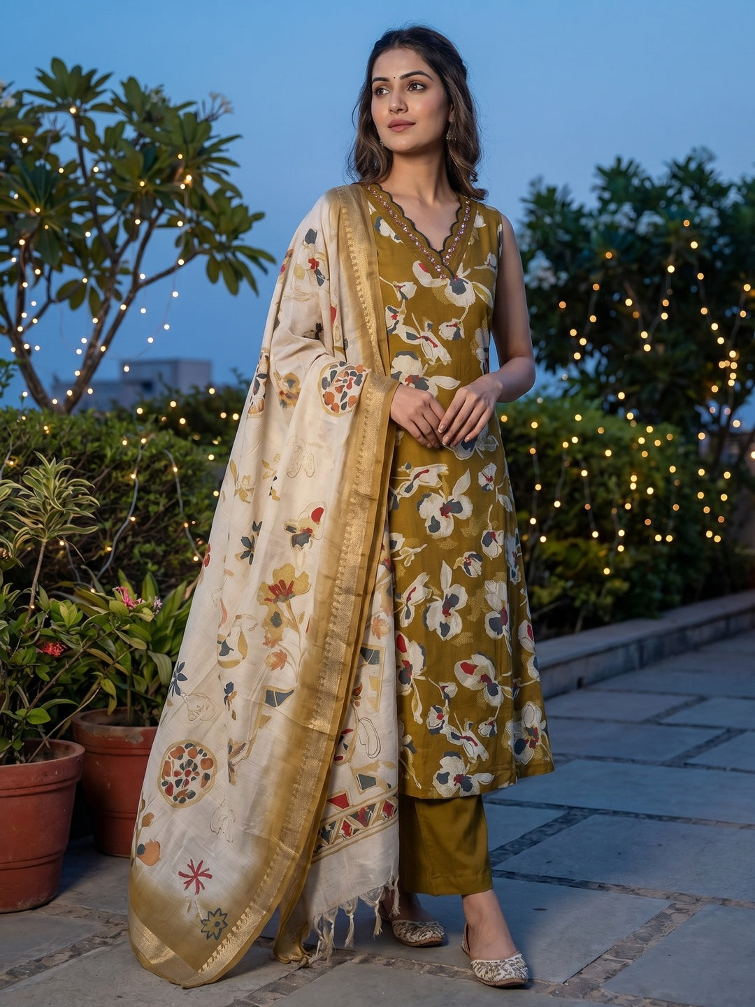 Olive Floral Printed Viscose Blend A-Line Salwar Suit with Dupatta - Image 1