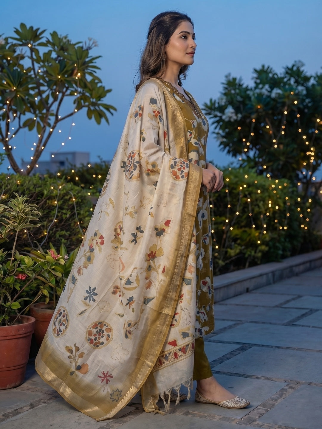Olive Floral Printed Viscose Blend A-Line Salwar Suit with Dupatta - Image 4