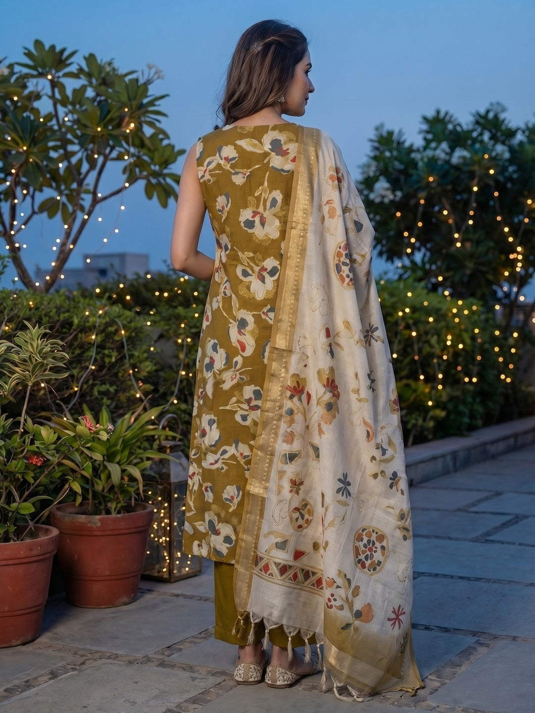Olive Floral Printed Viscose Blend A-Line Salwar Suit with Dupatta - Image 3
