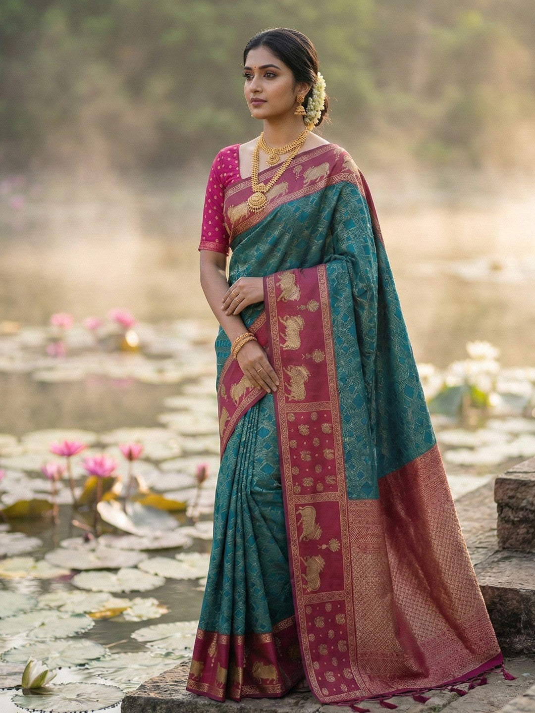 Teal Kanjivaram Silk Saree with Elephant Motif Border - Image 1