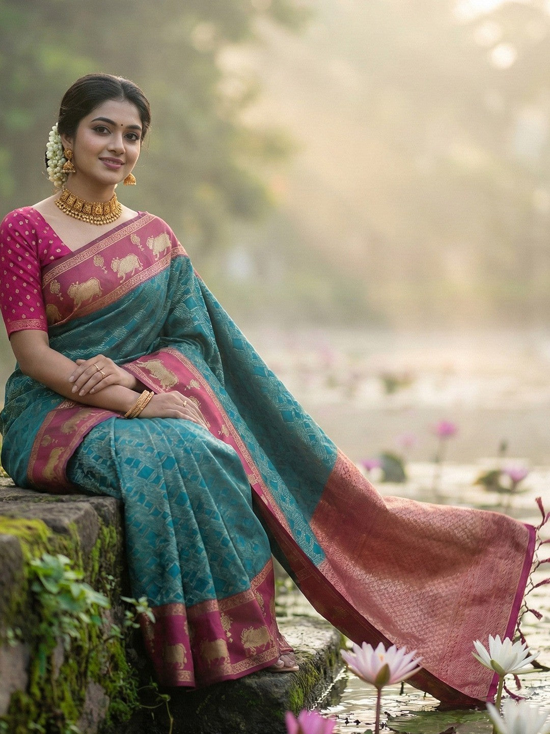 Teal Kanjivaram Silk Saree with Elephant Motif Border - Image 4