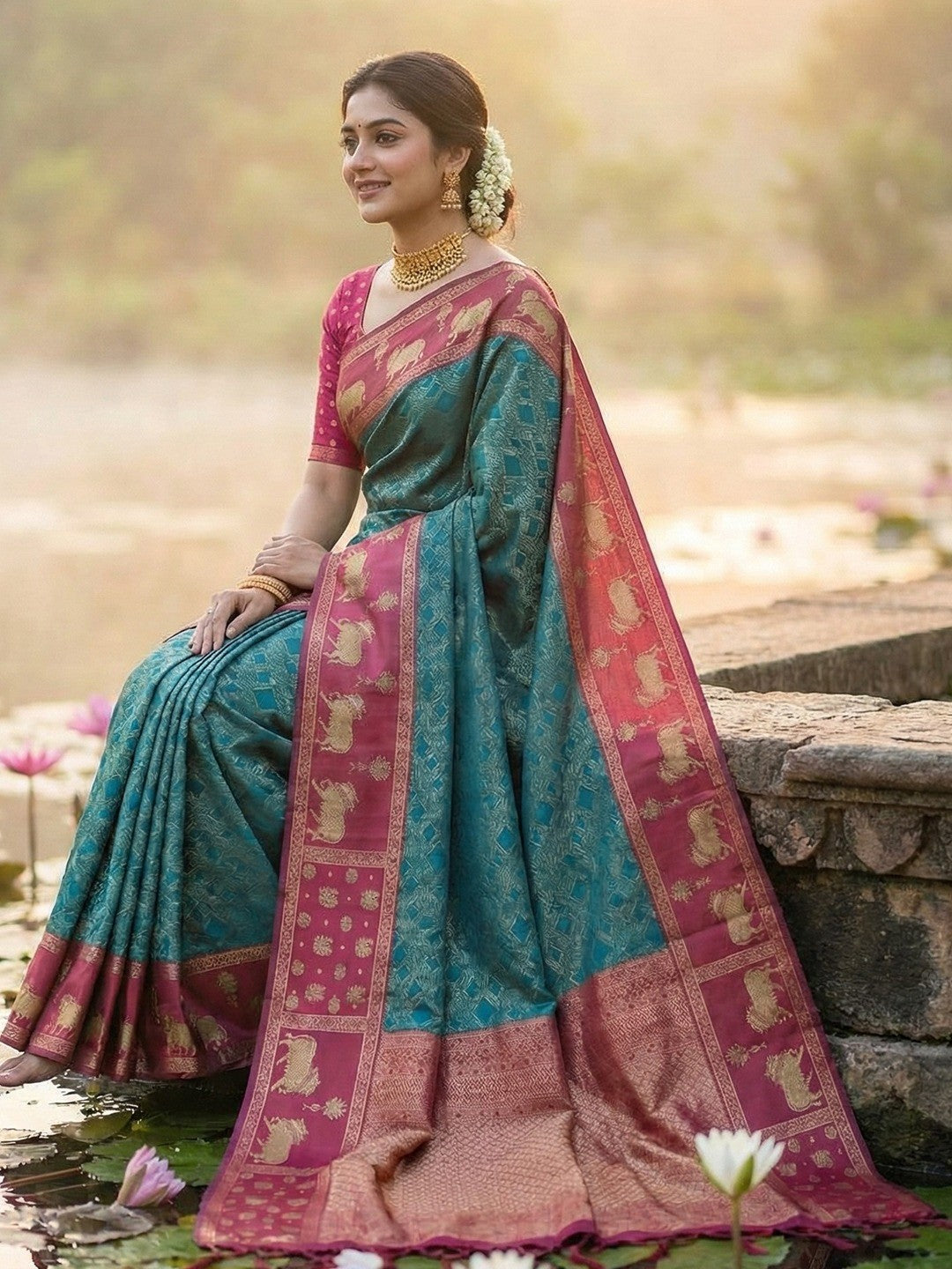 Teal Kanjivaram Silk Saree with Elephant Motif Border - Image 3