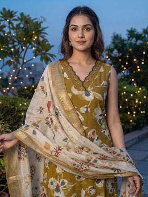Olive Floral Printed Viscose Blend A-Line Salwar Suit with Dupatta - Image 2