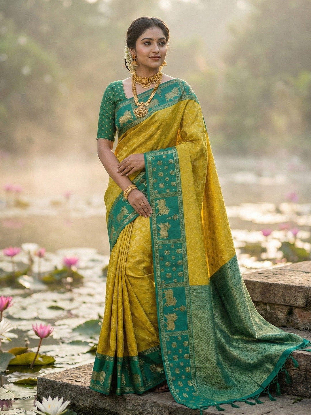 Classic Mustard Zari Woven Kanjivaram Silk Saree With Detailed Animal Motif Border & Tassel Pallu - Image 1