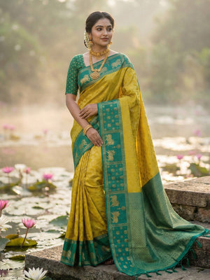 Classic Mustard Zari Woven Kanjivaram Silk Saree With Detailed Animal Motif Border & Tassel Pallu - Image 1