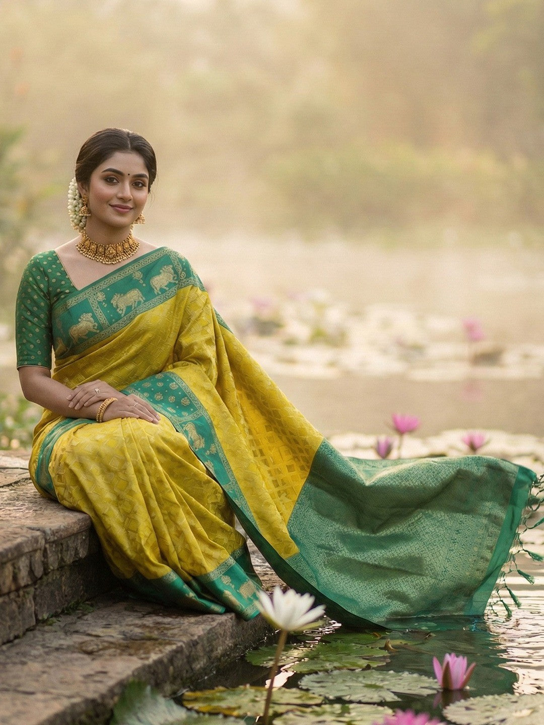 Classic Mustard Zari Woven Kanjivaram Silk Saree With Detailed Animal Motif Border & Tassel Pallu - Image 3