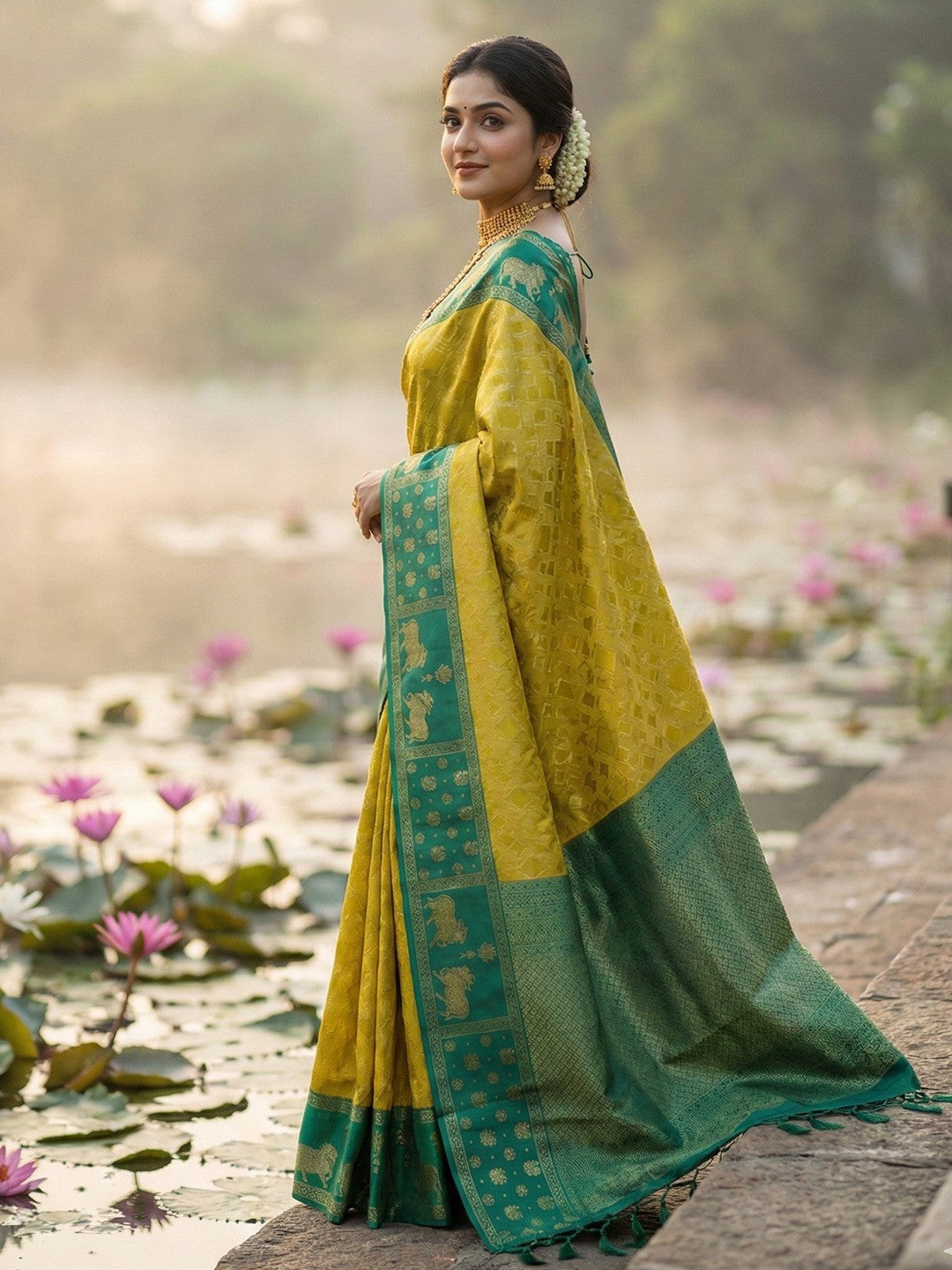 Classic Mustard Zari Woven Kanjivaram Silk Saree With Detailed Animal Motif Border & Tassel Pallu - Image 2