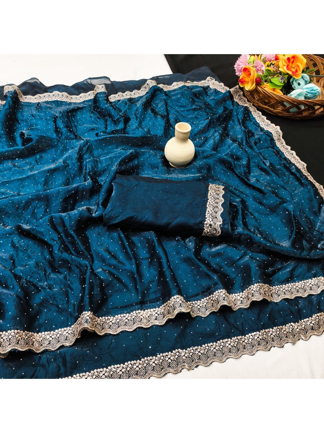 Elegant Morpich Blue Organza Satin Silk Saree With Swarovski Work & Floral Embroidered Border - Image 2