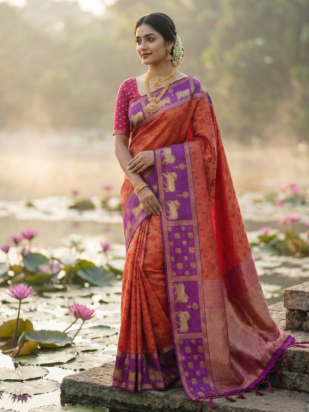 Classic Red Zari Woven Kanjivaram Silk Saree With Detailed Animal Motif Border & Tassel Pallu - Image 1