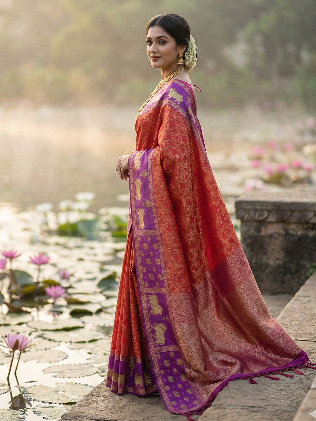 Classic Red Zari Woven Kanjivaram Silk Saree With Detailed Animal Motif Border & Tassel Pallu - Image 2