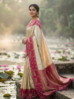Classic Cream Zari Woven Kanjivaram Silk Saree With Detailed Animal Motif Border & Tassel Pallu - Image 2