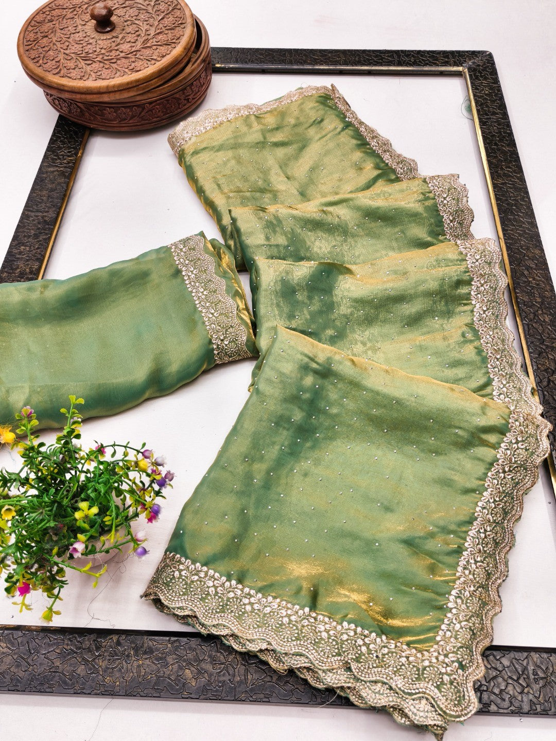 Elegant Green Organza Satin Silk Saree With Swarovski Work & Floral Embroidered Border - Image 3
