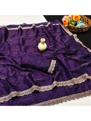 Elegant Purple Organza Satin Silk Saree With Swarovski Work & Floral Embroidered Border - Image 2
