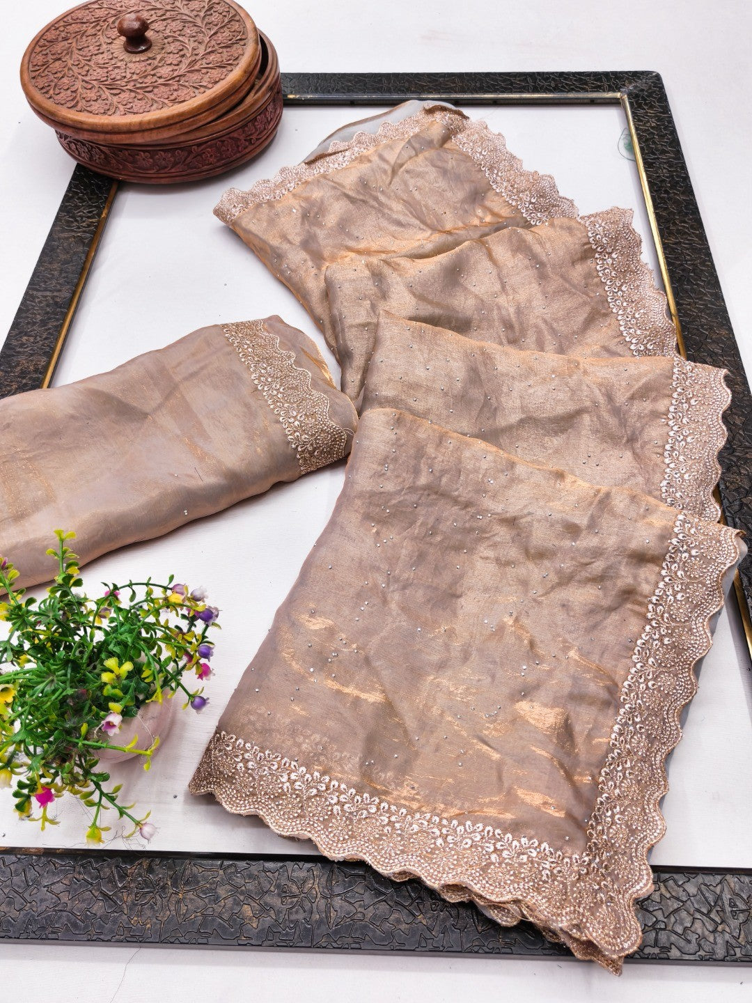 Elegant Chikoo Organza Satin Silk Saree With Swarovski Work & Floral Embroidered Border - Image 2