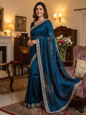 Elegant Morpich Blue Organza Satin Silk Saree With Swarovski Work & Floral Embroidered Border - Image 1