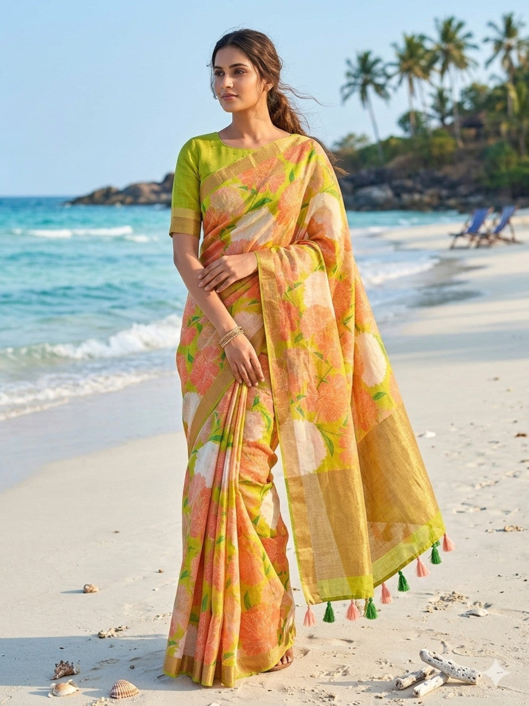 Elegant Yellow Linen Saree with Floral Print and Tassel Details - Image 1
