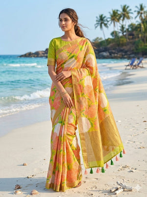 Elegant Yellow Linen Saree with Floral Print and Tassel Details - Image 1