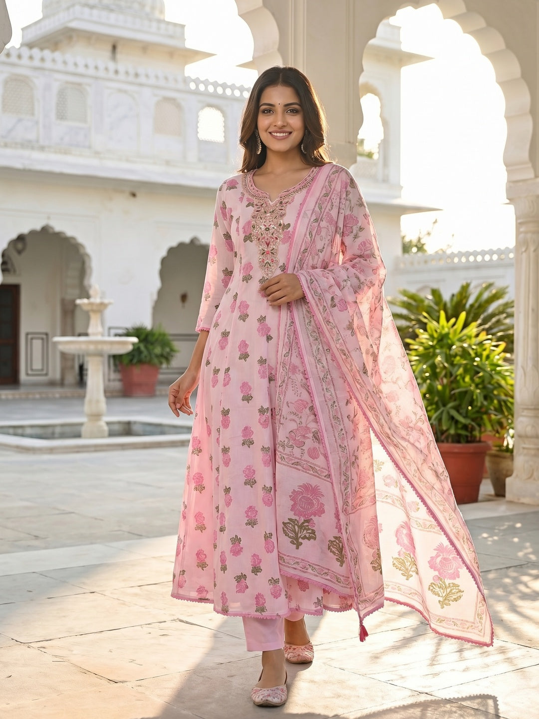 Pink Floral Printed Mulmul Cotton Anarkali Salwar Suit Set - Image 1