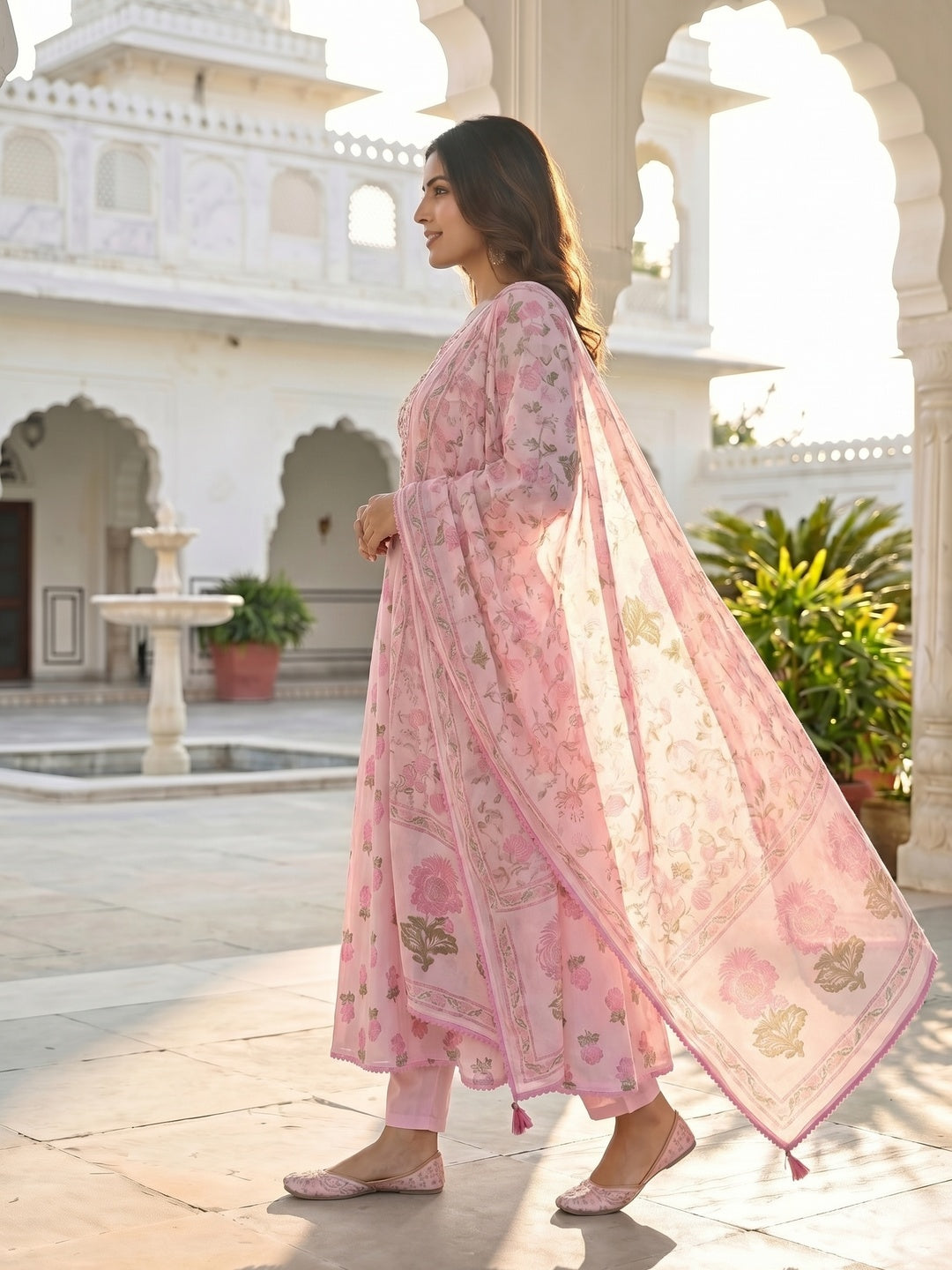 Pink Floral Printed Mulmul Cotton Anarkali Salwar Suit Set - Image 4