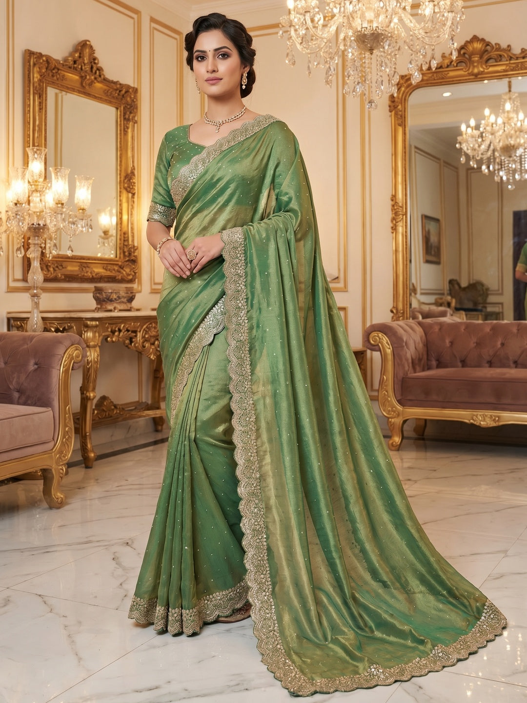 Elegant Green Organza Satin Silk Saree With Swarovski Work & Floral Embroidered Border - Image 1