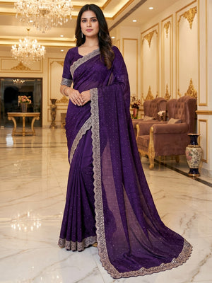 Elegant Purple Organza Satin Silk Saree With Swarovski Work & Floral Embroidered Border - Image 1