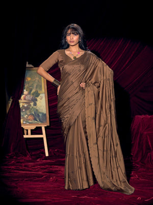 Designer Brown Satin Saree with Subtle Detailing Modern Party Outfit - Image 1