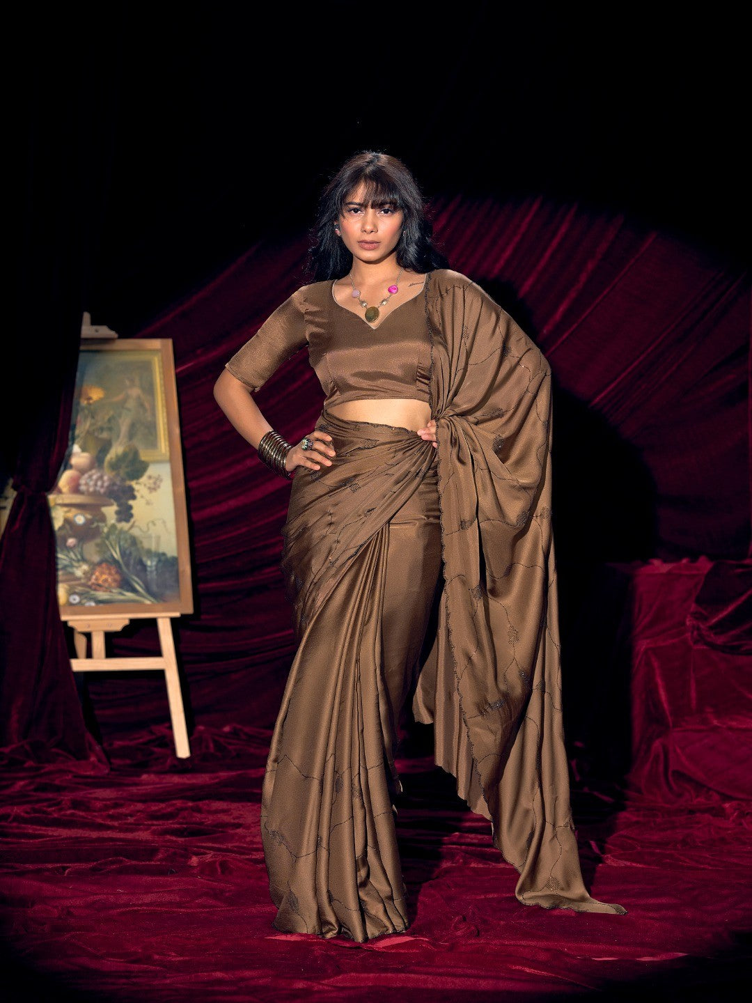 Designer Brown Satin Saree with Subtle Detailing Modern Party Outfit - Image 5
