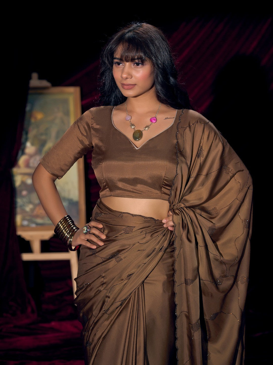 Designer Brown Satin Saree with Subtle Detailing Modern Party Outfit - Image 2