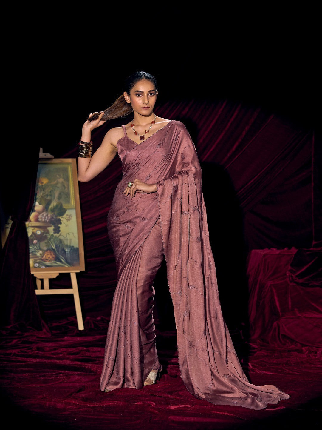 Designer Mauve Satin Saree with Subtle Detailing Modern Party Outfit - Image 1