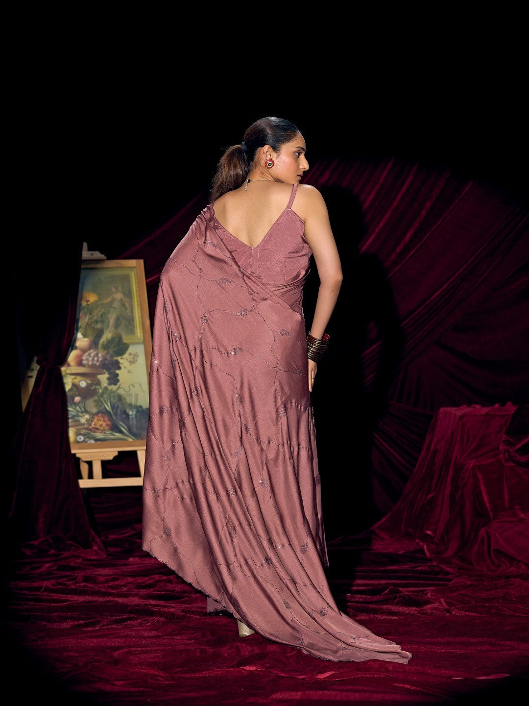 Designer Mauve Satin Saree with Subtle Detailing Modern Party Outfit - Image 4
