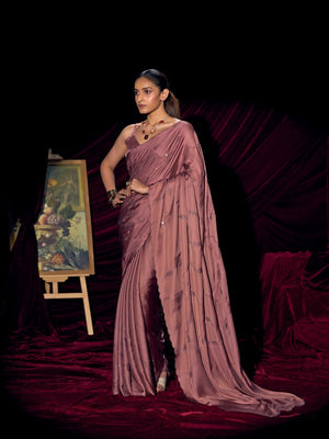 Designer Mauve Satin Saree with Subtle Detailing Modern Party Outfit - Image 2