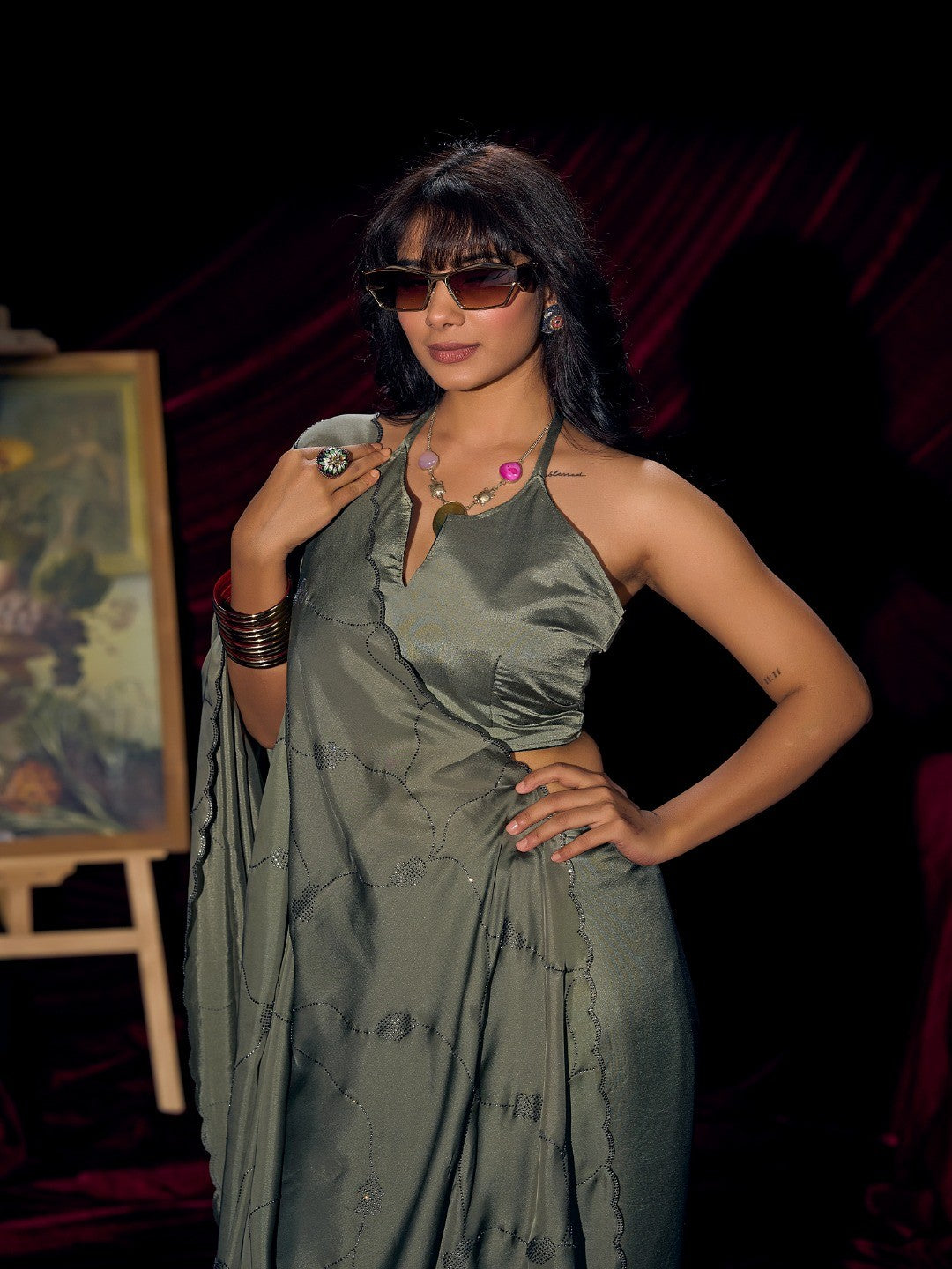 Designer Sage Green Satin Saree with Subtle Detailing Modern Party Outfit - Image 4