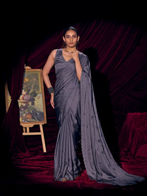 Designer Purple Satin Saree with Subtle Detailing Modern Party Outfit - Image 1