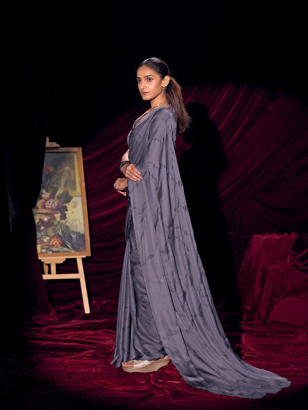Designer Purple Satin Saree with Subtle Detailing Modern Party Outfit - Image 3