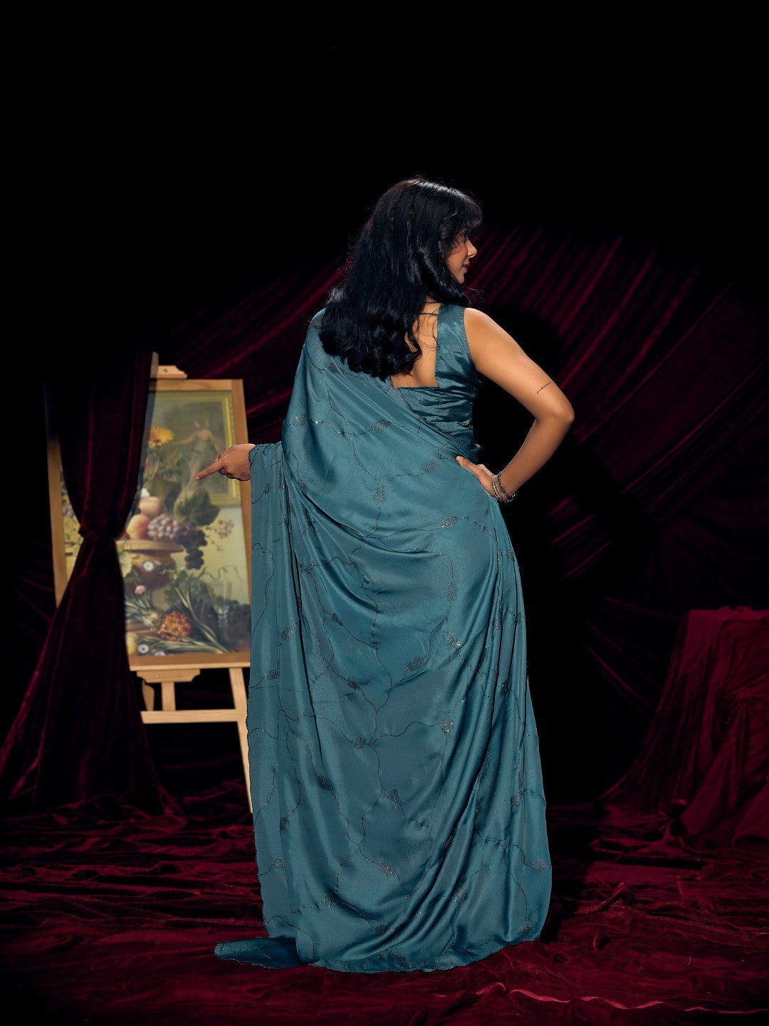 Designer Teal Satin Saree with Subtle Detailing Modern Party Outfit - Image 4