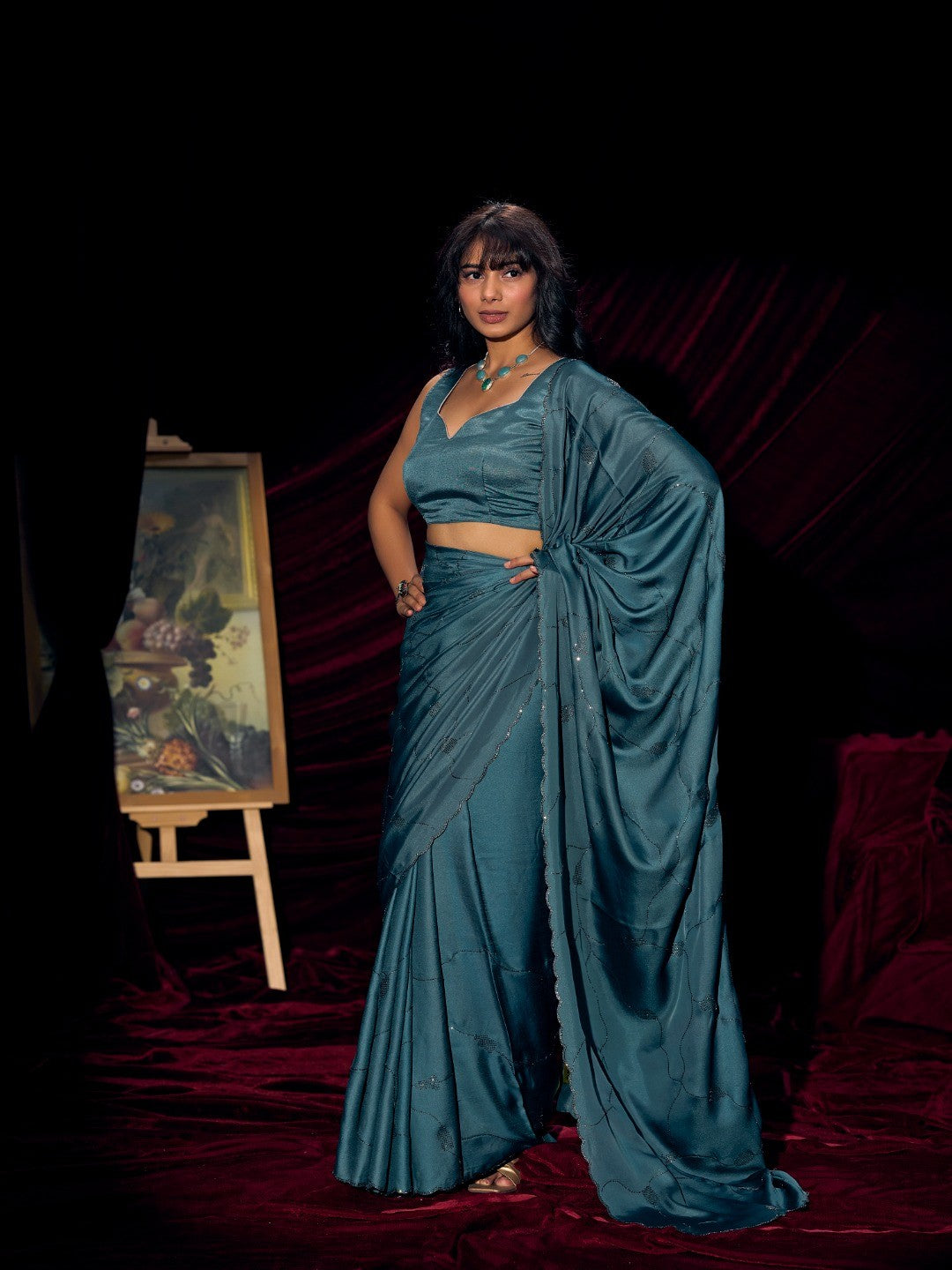 Designer Teal Satin Saree with Subtle Detailing Modern Party Outfit - Image 3