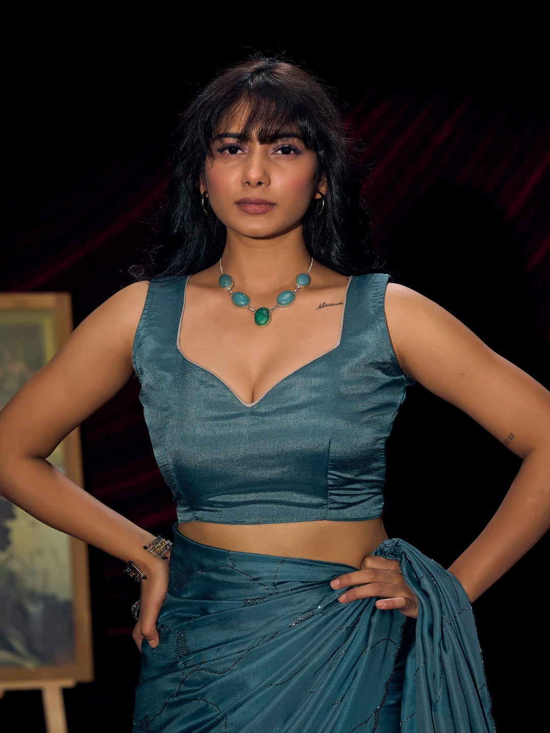Designer Teal Satin Saree with Subtle Detailing Modern Party Outfit - Image 2