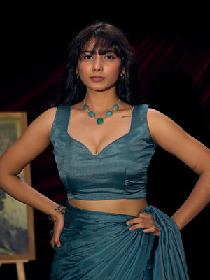 Designer Teal Satin Saree with Subtle Detailing Modern Party Outfit - Image 2