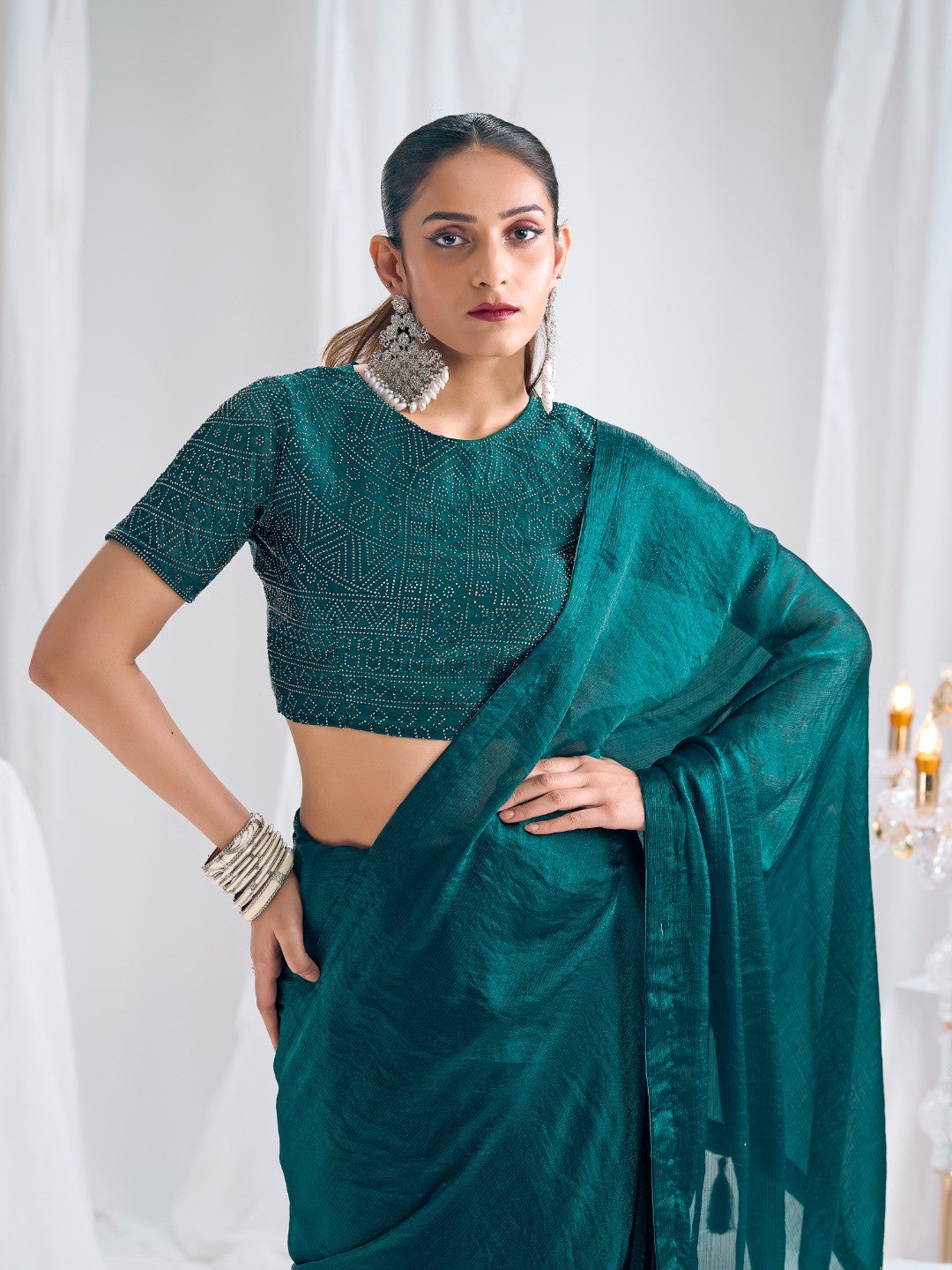 Designer Morpich Green Satin Saree with Embellished Blouse Modern Party Outfit - Image 6