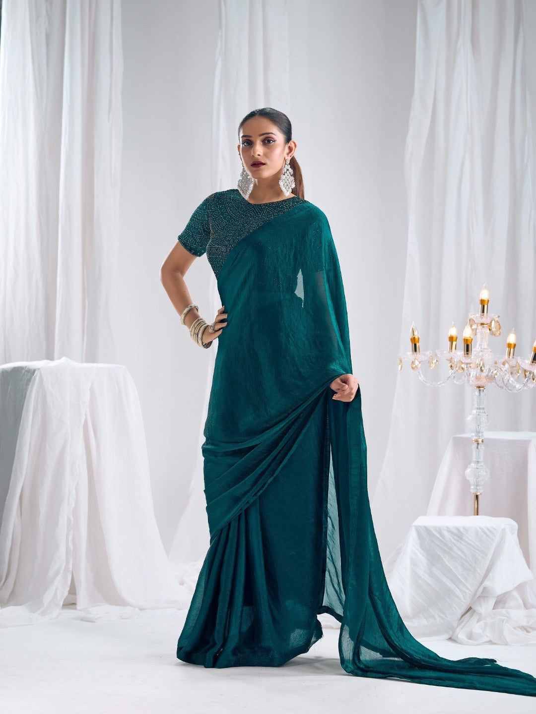Designer Morpich Green Satin Saree with Embellished Blouse Modern Party Outfit - Image 4